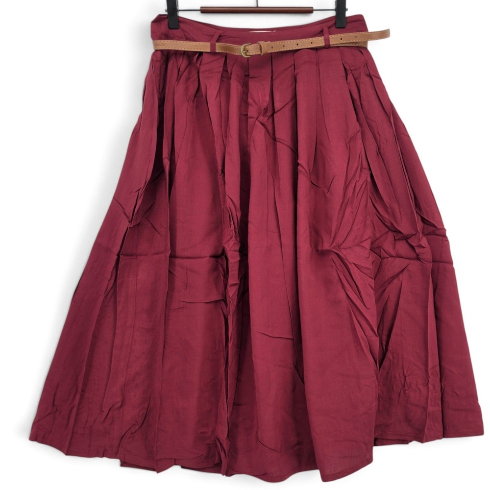 Tulip B Burgundy Pleated Midi Skirt Large Belted A-Line Pockets NWT
